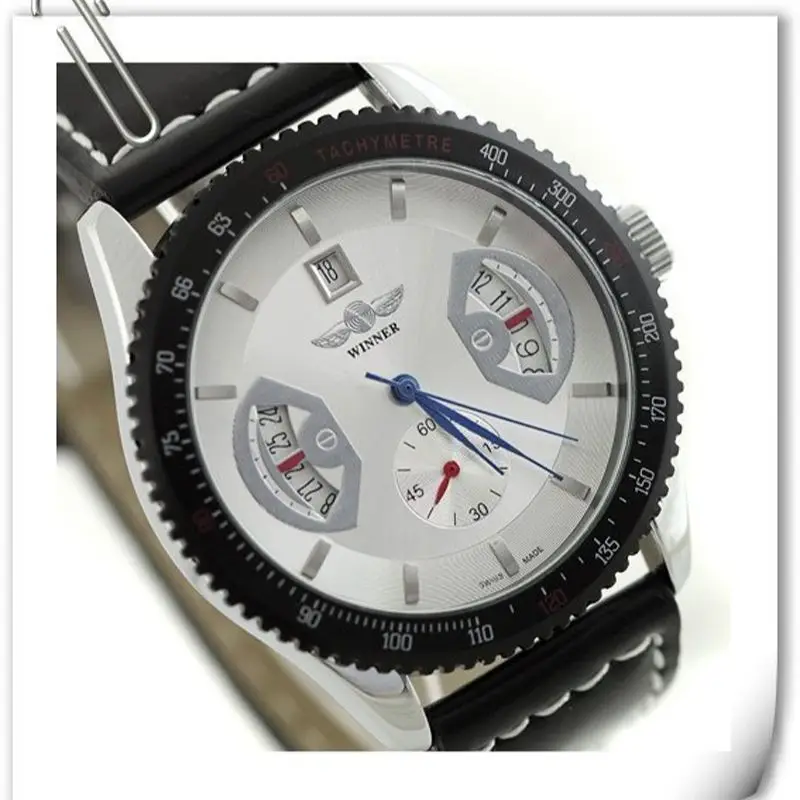 WINNER Men Fashion Auto Mechanical Watch Leather Strap Sub Dial Date Display Tachometer Top Brand Luxury Wrist Watch