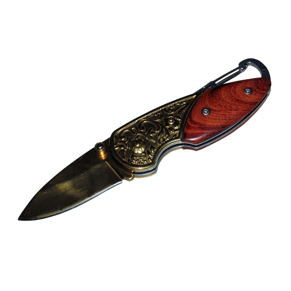 wooden handle folding knife Camping survival and self-defense portable practical Golden blade stainless steel sharp edge | Спорт и