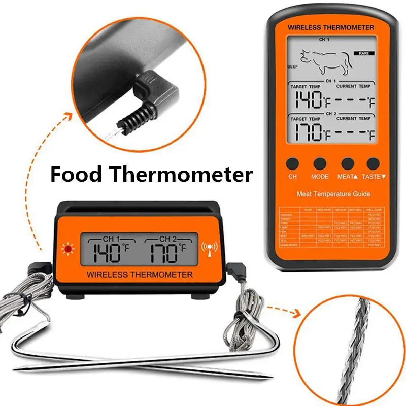 Online Wireless Remote BBQ Thermometer Dual Sonde Digitale Kochen Lebensmittel Fleisch Ofen Thermometer Außen Grill Grill Küche Thermometer