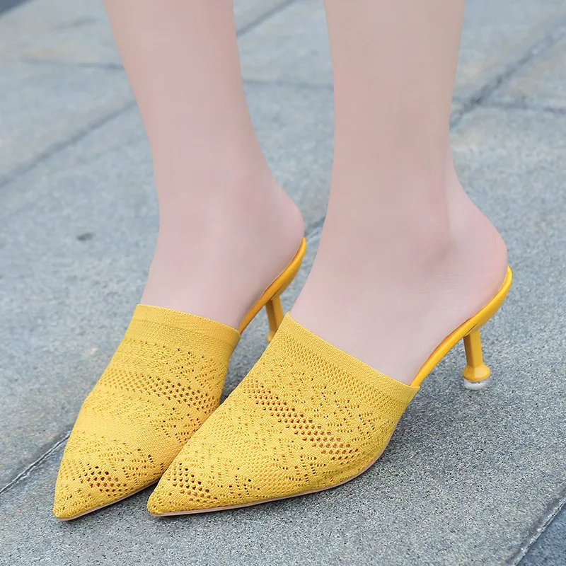 

2019 Summer New Style WOMEN'S Slippers Outer Wear Knit GIRL'S Hipster Thin Heeled Sandals Closed-toe Fashion WOMEN'S Shoes