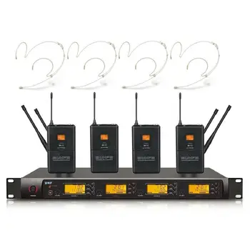 

4 Channel UHF Wireless Beige Headworn Microphone System Professional Voice Performance Micros For Meeting Church School KTV