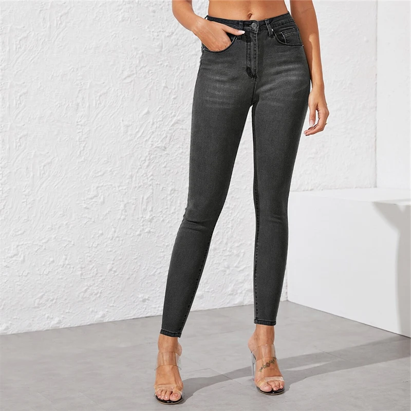 Sheinside повседневные серые темные обтягивающие джинсы со средней талией женские осенние укороченные брюки Женские однотонные джинсы с карманами