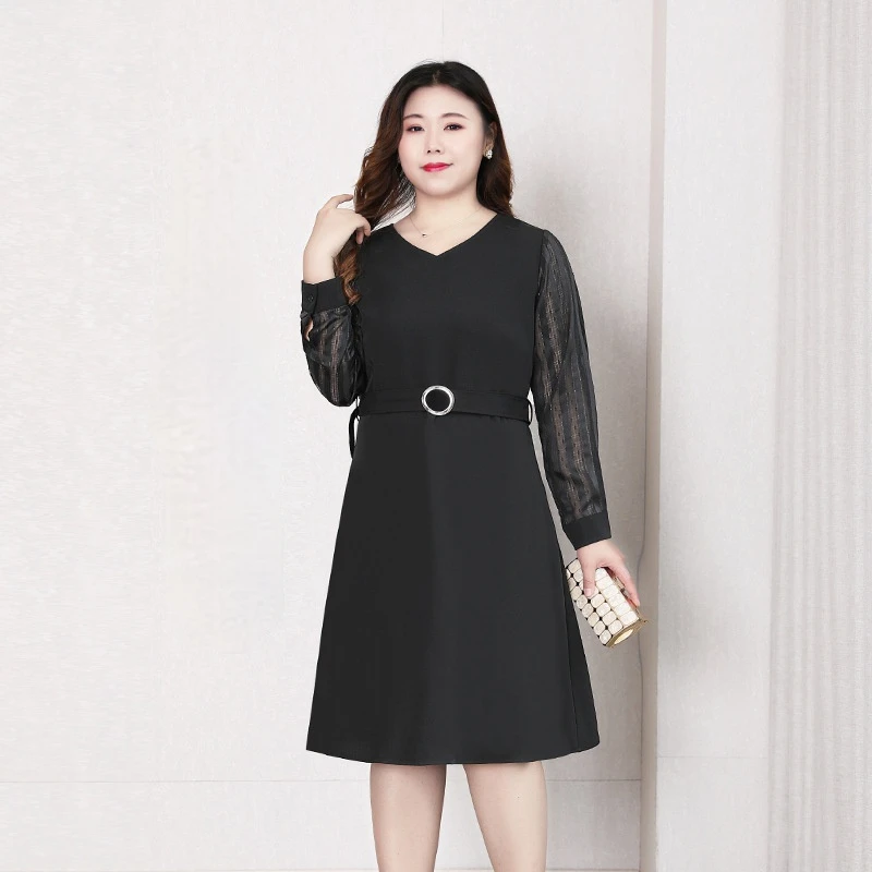 

Spring Autumn 4XL To 10XL Oversized Women Dresses Long Sleeve High Waist Midi Casual Party Dress with Sashes T20436C