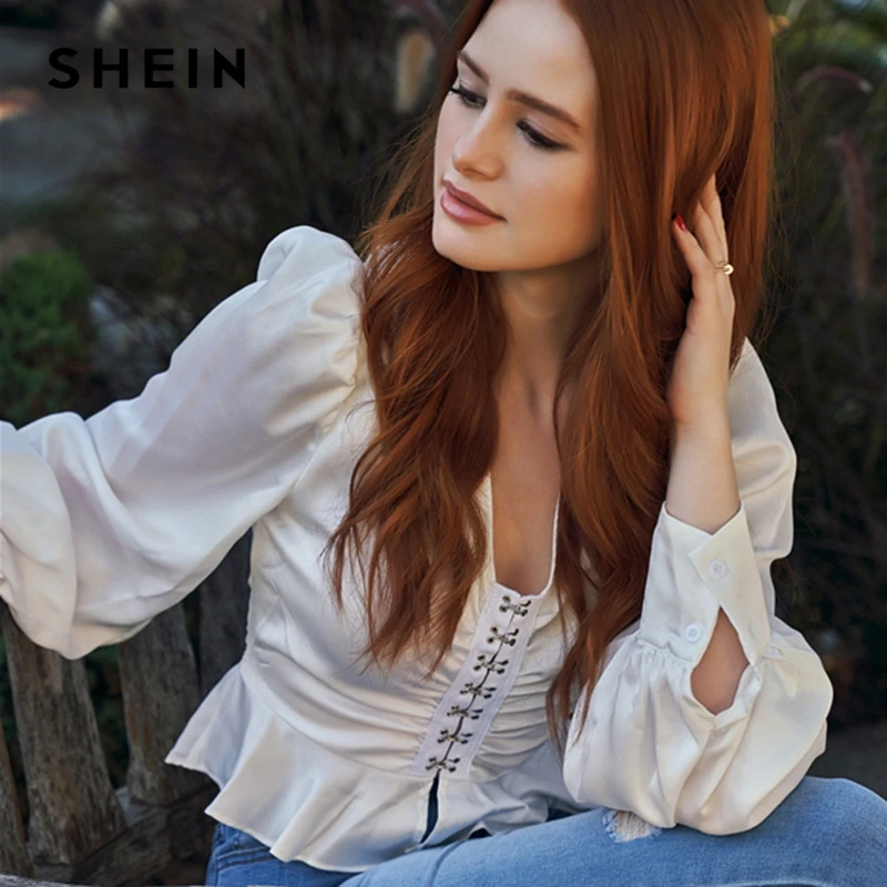 SHEIN x Madelaine белая блузка с v-образным вырезом и баской спереди, женские топы, осенние женские элегантные расклешенные блузки с рукавами-фонариками