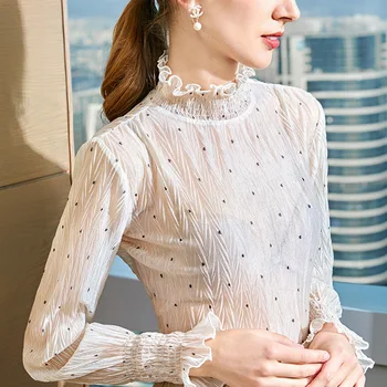 

Hot Selling Women Spring High Fashon Ruflled Collar Flare Sleeve Polk Dot Transparent Chffion Blouses Shirt Female Retro Shirts