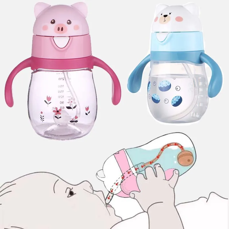 

270ml Baby Learning Drinking Sippy Cups Feeding Water Bottle Handles Kids Cute Cartoon PP Straw Leakproof Cup