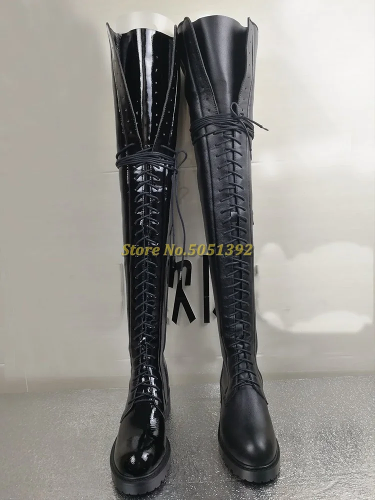 Thick Heel Lace Up Riding Boots Thigh High Round Toe Zipper Over The Knee Black Leather Winter Women Boots Casual Low Heel Shoes