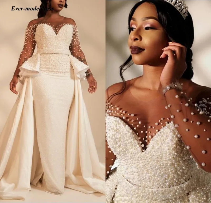 Vestido de casamento 2019, лёгкие Свадебные платья с длинными рукавами с множеством жемчужин, бисероплетение, молния сзади, африканские Свадебные
