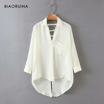 

BIAORUINA Women's Thin Sexy Bandage Backless Irregular Hem Shirt Three Quarter Sleeve Female V-neck Loose Casual All-match Shirt