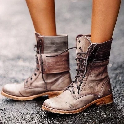 Ковбойские женские ботинки на шнуровке; Зимние Модные женские ботинки в байкерском стиле; готические ботинки на низком каблуке в стиле панк; женская обувь; большие размеры - Цвет: khaki grey