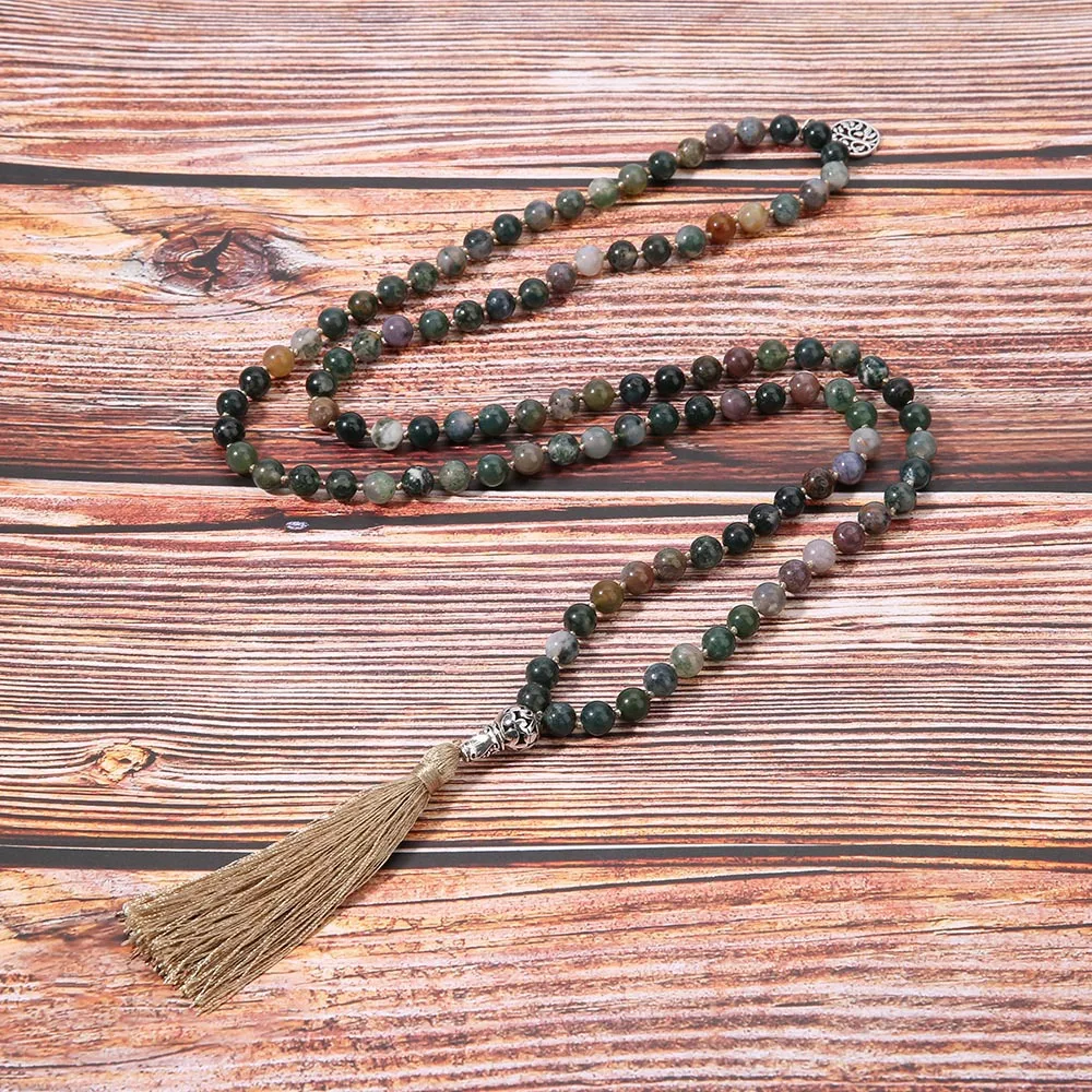 

National Wind Retro Natural Stone 108 Knot Lucky Tree + Calabash Pendent Tassels Long Necklace