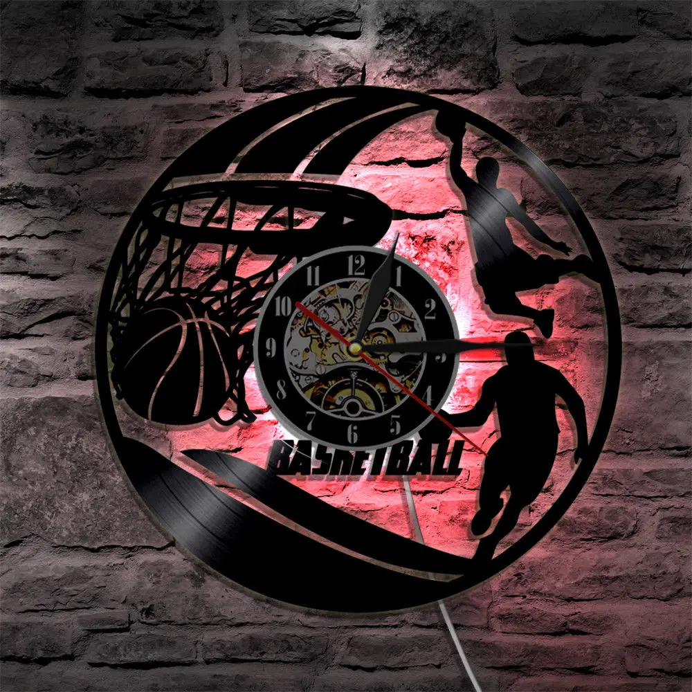 Vinyl Wall Clock Basketball Decorative Boys Room LED Lighting Clocks Mute 3D Decorative Classic CD Record Wall Watch Home Decor