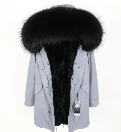 Плотное пальто с натуральным мехом Куртка с капюшоном и большим воротником из меха енота Съемная подкладка из кроличьего меха зимняя парка модная женская одежда - Цвет: 23