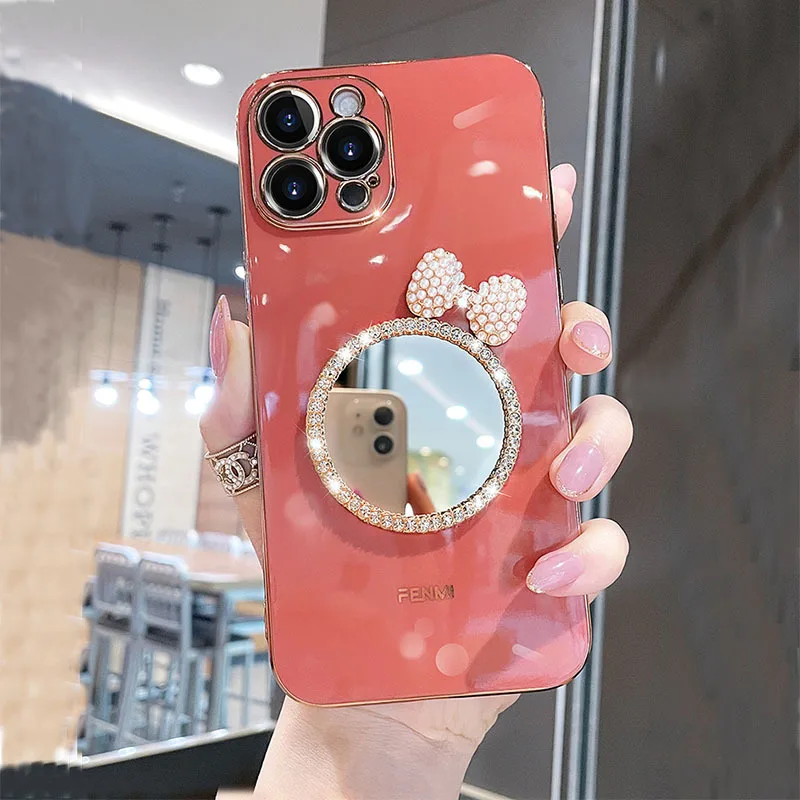 Luxury Brand 3D Makeup mirror Pearl Bow Phone Case For Iphone 12 11 Pro Max 6 7 8 Plus X XR Fashion Plating Glitter Soft Cover