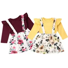 Хлопковый боди с длинными рукавами для новорожденных девочек 0-18 месяцев, платье на подтяжках с цветами, юбка, комплект детской одежды из 2 предметов