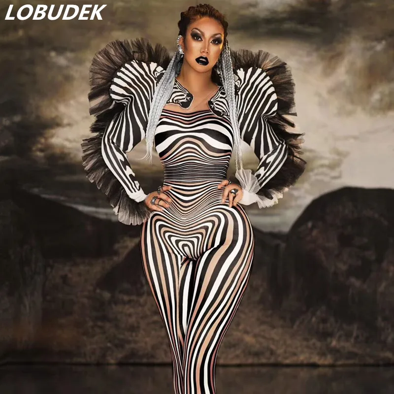 

Zebra Pattern Elastic Jumpsuit Women Personality Stage Clothing Models Catwalk Costume Bar Nightclub Singer Dancer Rompers