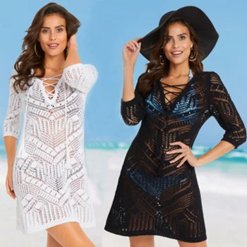

2020 Crochet Beach Tunic See Through Bikini Cover Ups Mesh Knitted V-neck Loose A Line Mini Dress Robe Plage Women Beachwear