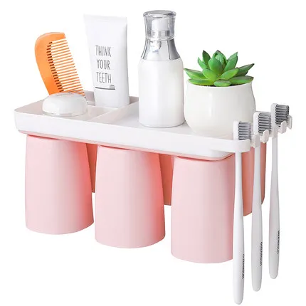 pink 3 cups Bathroom Toothbrush Rack Wall Mounted Magnetic Suction Cup Set Hanging Electric Toothpaste Holder Storage Organizer Shelf Tray - Цвет: pink 3 cups