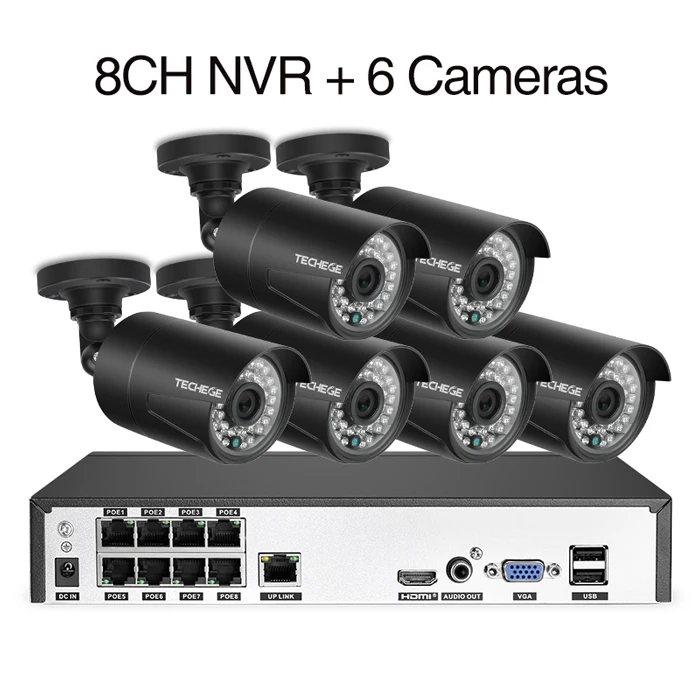 6pcs cameras Techege H.265 8CH NVR 48 в POE 1080P CCTV система 2MP IP камера Аудио запись ИК водонепроницаемый датчик движения система безопасности - Цвет: 6pcs cameras