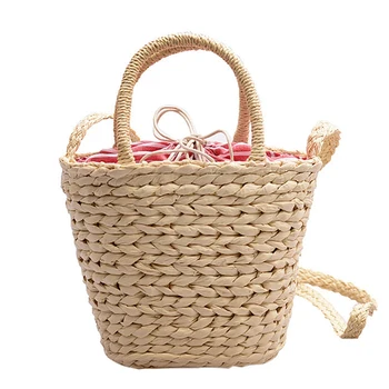 

Boho Women Handbag Straw Woven Rattan Drawstring Fastening Hollow Out Beach Holiday Bag Creamy-White