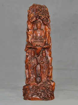 

christmas Tibet Boxwood Wood Carving Sakyamuni Shakyamuni GuanYin Kwan-yin 3 Buddha Statue New Year