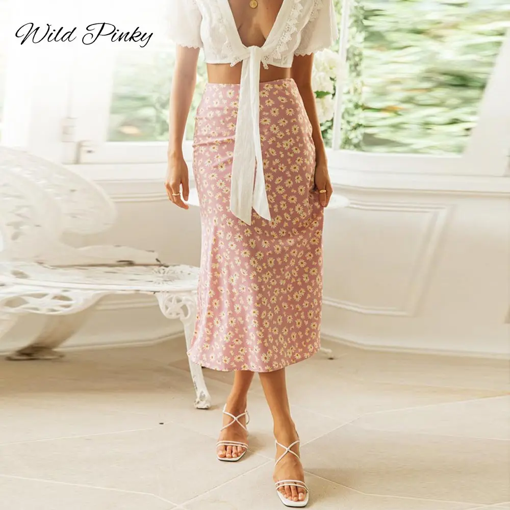 

WildPinky Summer 2020 Women Print Flower Wrap High Waist Female Midi Skirt A-line Sexy Ladies Boho Beach Skirt Mujer