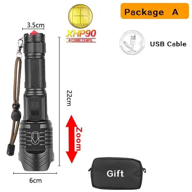 Светодиодный фонарь XHP90 с высоким люменом, тактический фонарь с приближением, с цифровым дисплеем, водонепроницаемая сумка в подарок, батарея 26650 - Испускаемый цвет: Package A