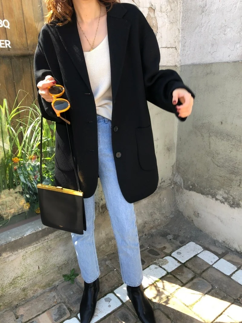 Korean Temperament Lapel Three Button Large Pocket Loose Versatile Long Sleeve Medium Long Woolen Coat Women 2021 N106 long puffer