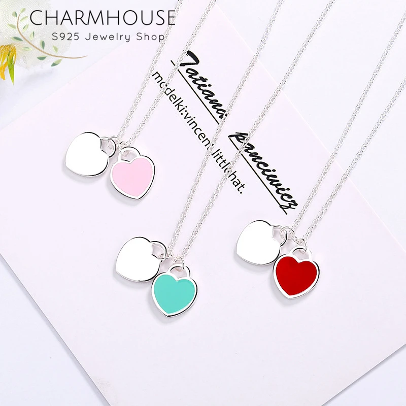 Ожерелье женское из чистого серебра с кулоном в виде двух сердец и цепочкой |