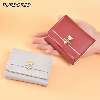 

PURDORED 1 Pc Women Cat Card Holder PU Leather Bank Business Card Wallet Candy Color Small Coin Purse Female Ladies Tarjetero