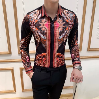 

2019 Korean Fashion Club Camisa Social Design Printed Shirt Men's Casual Satin Shirt Floral Men's Shirt Silk Men's Clothing