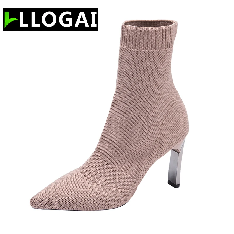 Zapatos de tacón de hoja de Metal para mujer, botas de tela elástica, elásticos Stilettos, botines de punta estrecha, zapatos de tacón alto para barcos