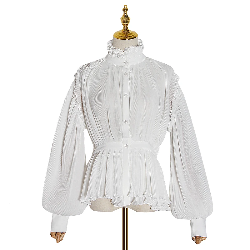 Causal Chiffon Ruched Women's Blouses Turtleneck Lantern Long Sleeve Tunic Shirts Female Fashion Clothing Tide