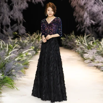 

wei yin AE0289 Sparkle Evening Dresses Long Sequined A-Line V-Neck Half Sleeve Black Lace Formal Dresses Robe De Soiree