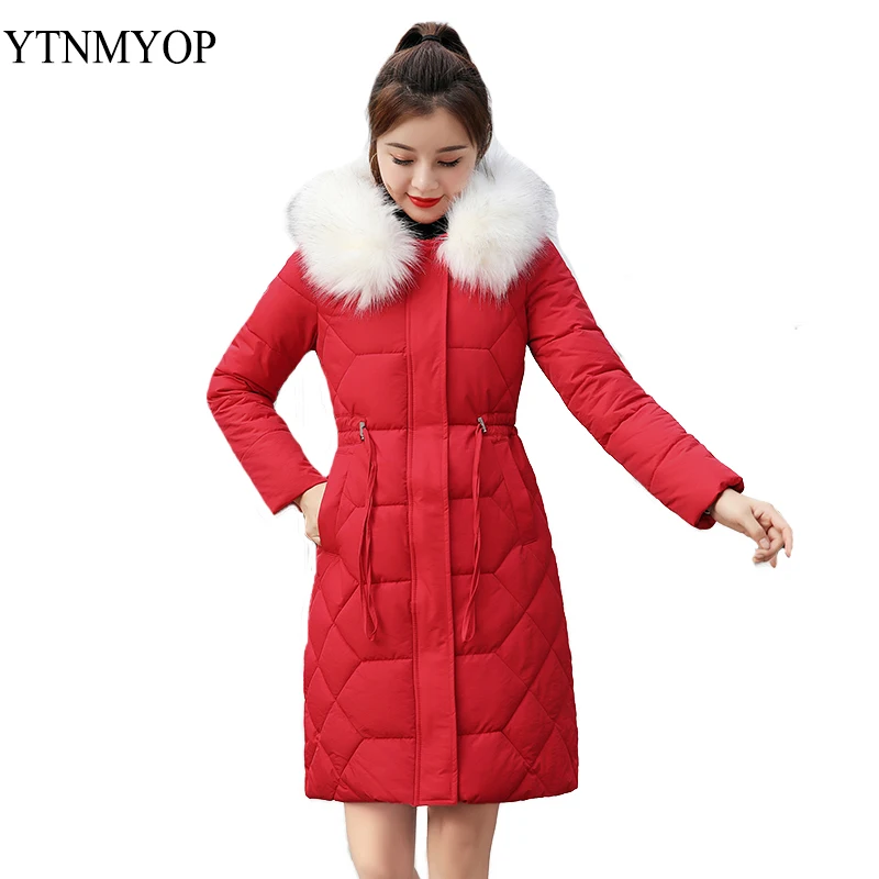 

YTNMYOP Women's Down Jacket Female Jacket Coat Thick Warm Plus Size 3XL Long Parkas Cotton Padded Clothing Drawstring Red Coats