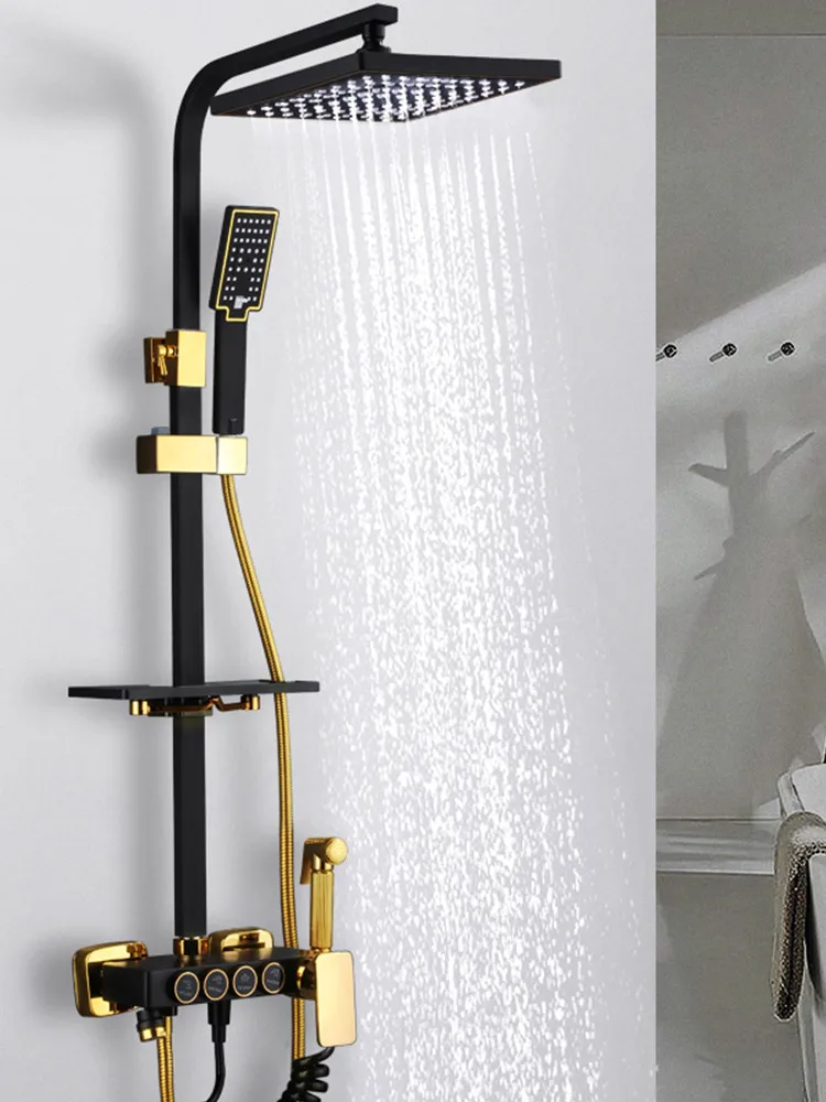 

Copper Bathroom Shower Faucet Set Rainfall Wall Mounted Constant Temperature Mixer Tap 8" Top Head With Handheld Black & Gold