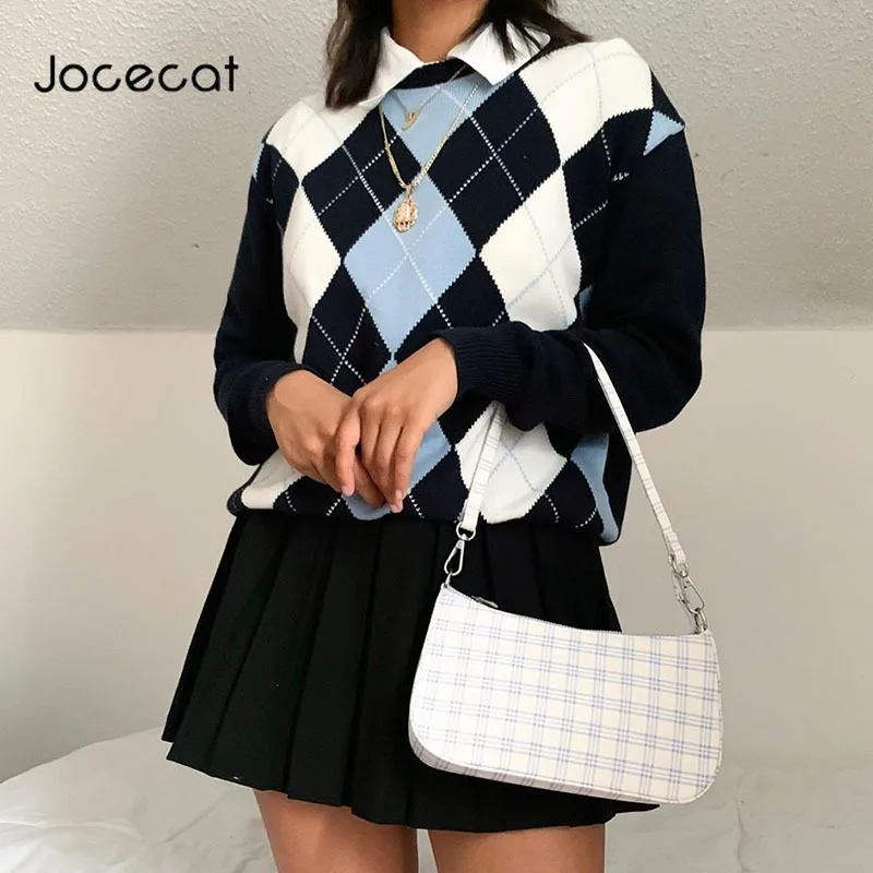 

Jocecat Argyle Plaid Knitted Long Sleeve Casual Sweater For Women Preppy Style ONeck 90s Jumpers Autumn Winter Fashion Knitwear