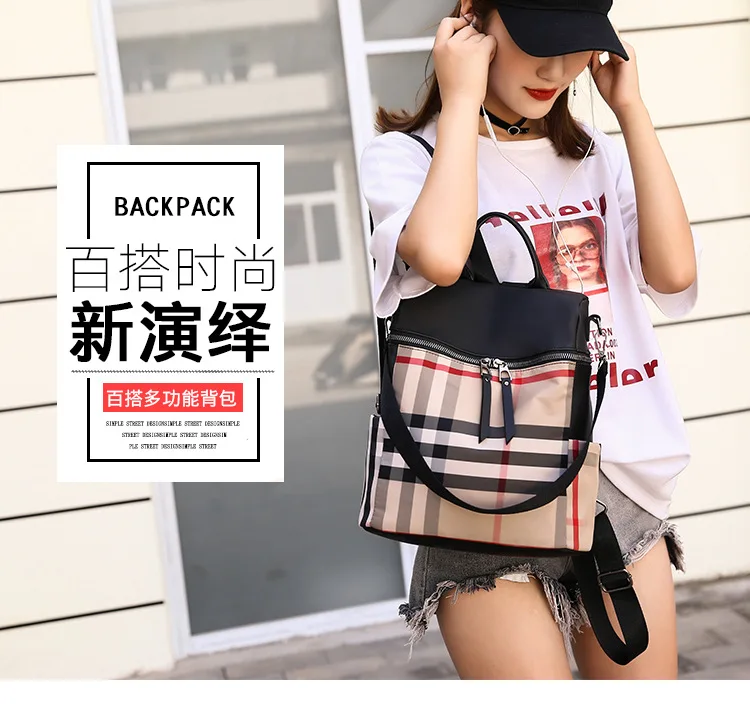 Korean New Style Waterproof Oxford Cloth Backpack WOMEN'S Bag Travel Versatile Canvas Plaid Backpack Dual Purpose School Ba