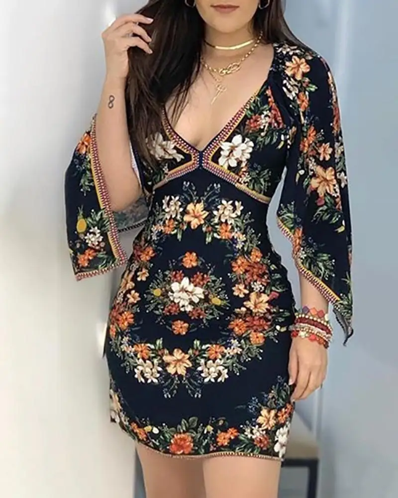 cutout back bishop sleeve floral bodycon dress