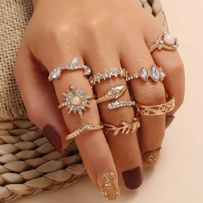 Fashion 9pcs/sets Luxurious Gold Snake Rings for Women Hard Clear Crystal Stone Hollow Round Geometric Jewelry | Украшения и