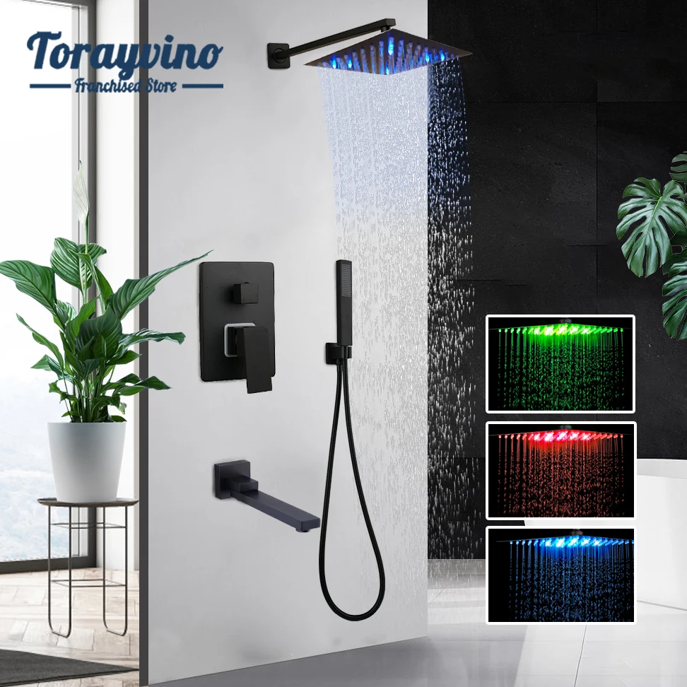 

Torayvino Bathroom Matte Black Shower Faucet Kits Rainfall Tub LED Bathtub Rain Square Shower Head & Swivel Spout Tap Set