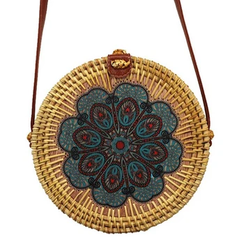 

AUAU-Women's Round Rattan Bag Beach Messenger Bag Straw Hand Woven Round Shoulder Bag Women Handbag