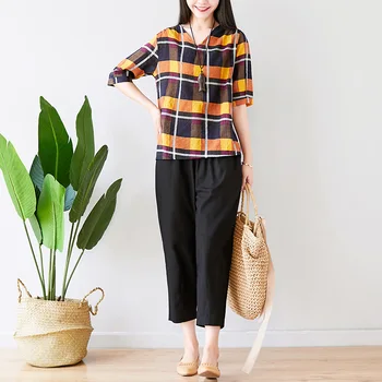 

Cotton Linen Plaid Loose Summer blusas womens tops and blouses Yellow Pants Orange It All Black 9657