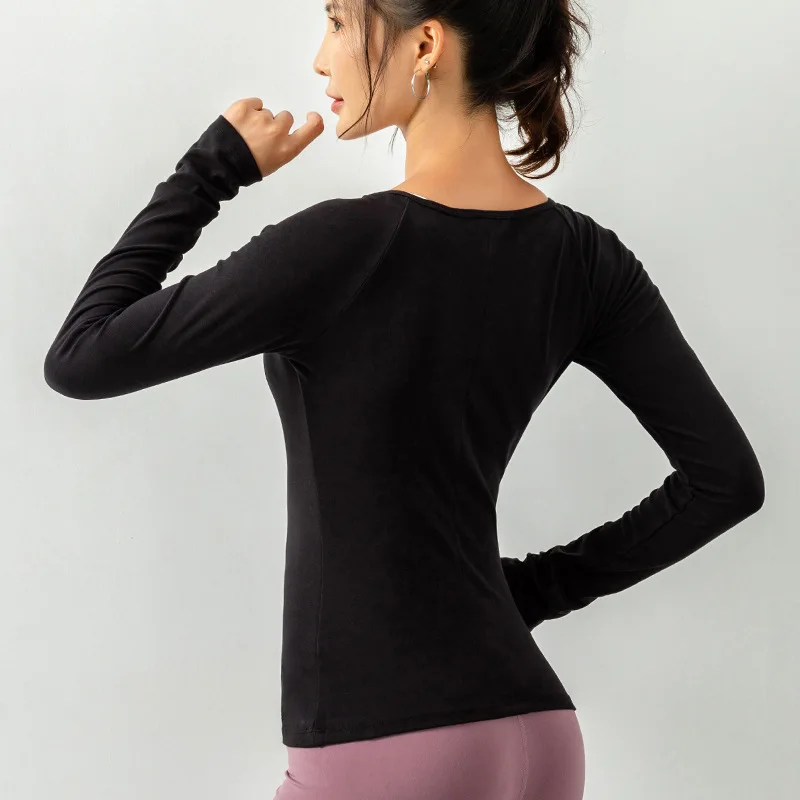

New Style Workout Clothes Women's Autumn And Winter Running Sports Coat Long Sleeve Breathable Tight Yoga Clothes Buckle Crew Ne