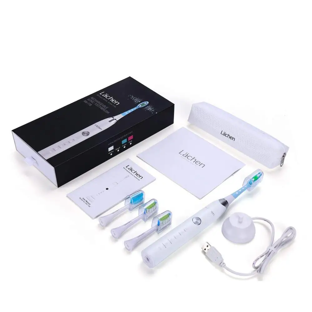 Белый Lachen T7B Sonic Electric Toothbrush buy one get one free with 8 brush heads and timer 5 modes USB charging - Цвет: Белый