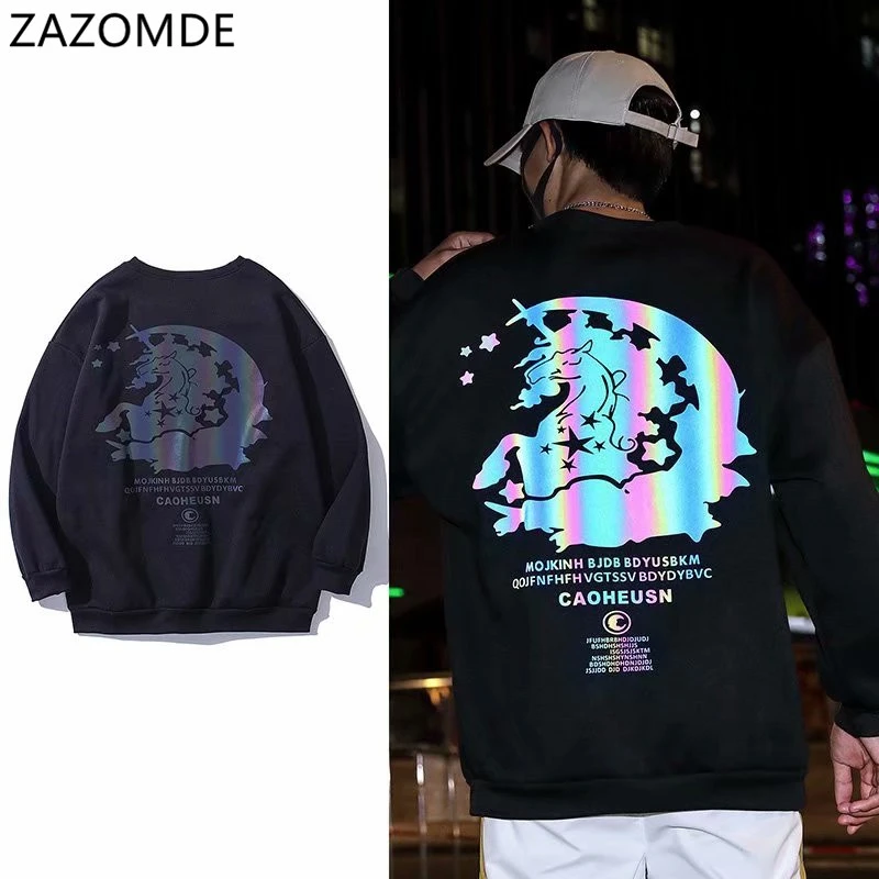 

ZAZOMDE Sweatshirt Men High Street Reflective Print Loose Sweatshirt 2020 Fall Streetwear Men Harajuku Oversize Sweatshirt Mens