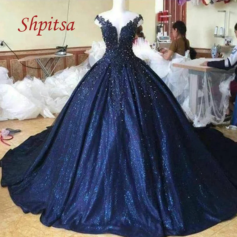 Luxury Navy Blue Quinceanera Dresses Ball Gown Girls Princess Sequin Long Prom Masquerade Sweet 16 Dresses for 15 Year