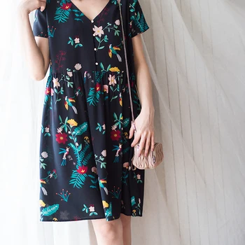 

women honey summer V neck Paradise mini dress printed extremely short sleeve silk dress with buttons