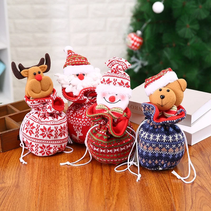 Knitted Christmas Apple Bags Christmas Drawstring Candy Gift Bags For Xmas Tree Decorations Snowman Santa Claus Elk Bear