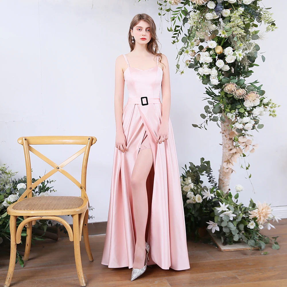 SSYFashion новые милые розовые атласные вечерние сексуальное платье без рукавов с открытой спиной на простом высоком-разделение длинное торжественное платье для выпускного вечера Vestido De Noche